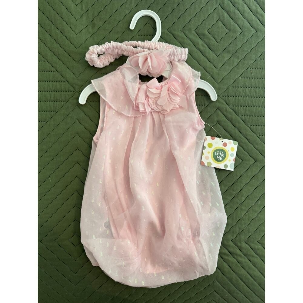 Little Me NEW 2-Piece 9 month Sparkle Pink Bubble Romper & Headband Set